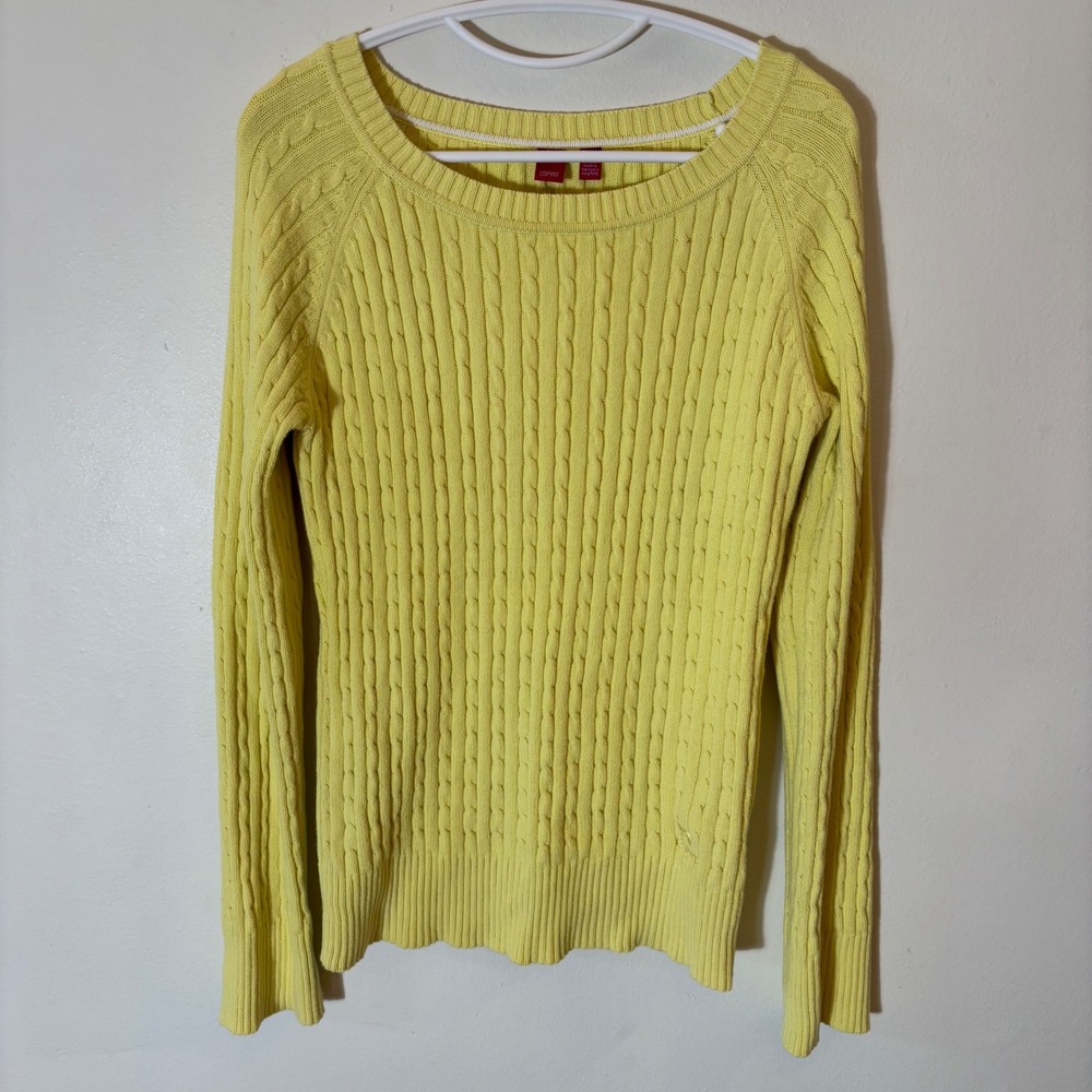 Vintage Esprit Cableโ Knit Sweater Womens XL Yellow Scoop Neck